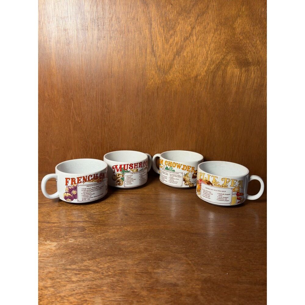1970s VTG Recipe Soup Mugs Set of 4 French Onion Clam Chowder Split Pea Mushroom - Picture 15 of 15